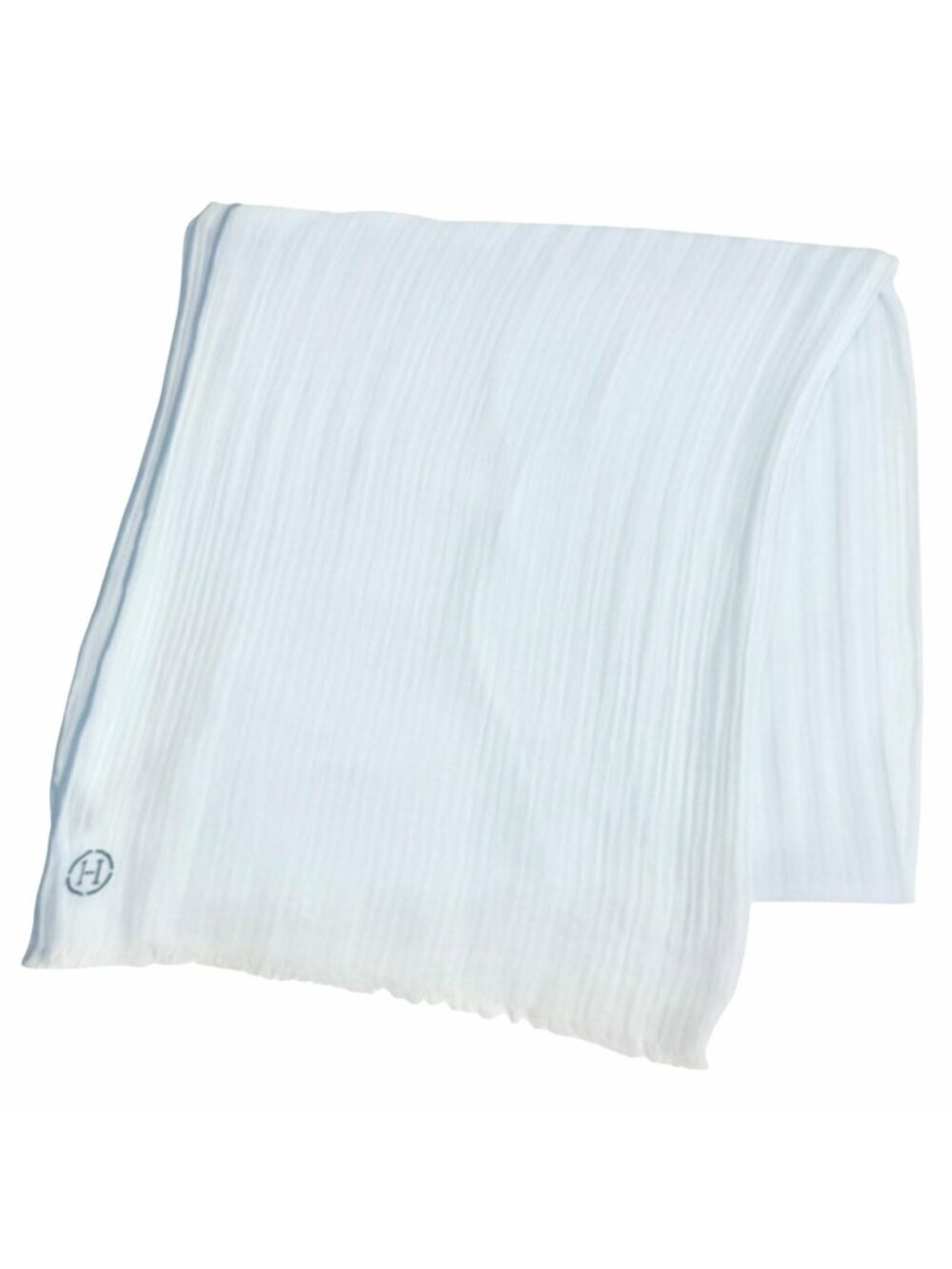 Hermes Naoshima Cotton 100% Blue Zee White H Logo Mini Fringe Large Shawl Scarf